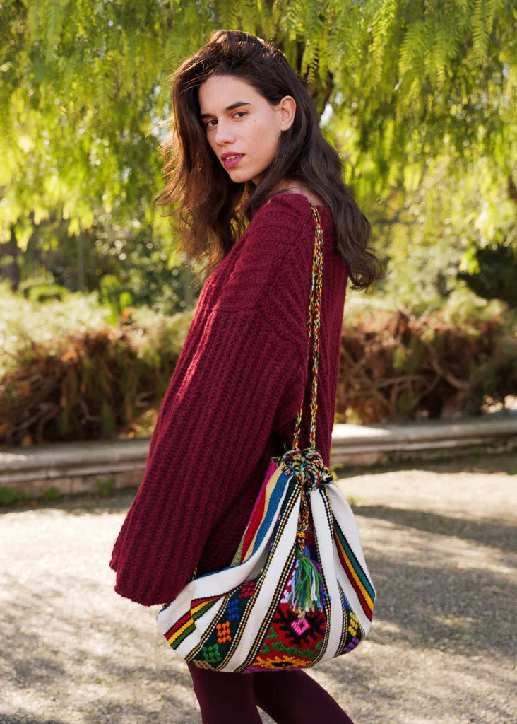 Roxane Handloom Bag — Model wearing bag, colorful pattern — MYFASHIONFRUIT