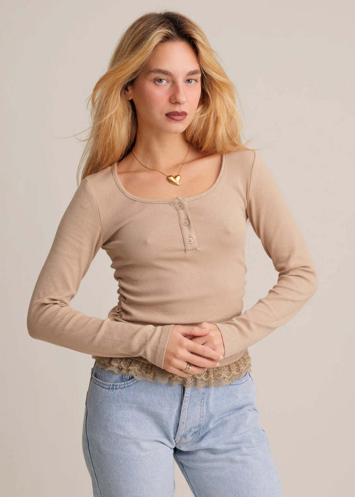 Calvina Top — Beige ribbed top with lace, on model — MYFASHIONFRUIT