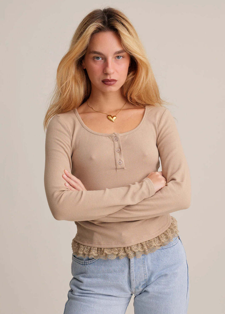 Calvina Top — Beige buttoned top with lace on model — MYFASHIONFRUIT