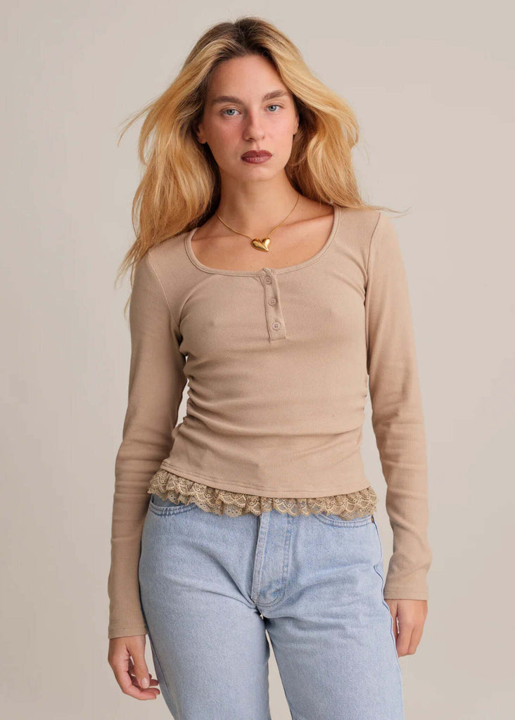 Calvina Top — Beige ribbed top with lace on model — MYFASHIONFRUIT