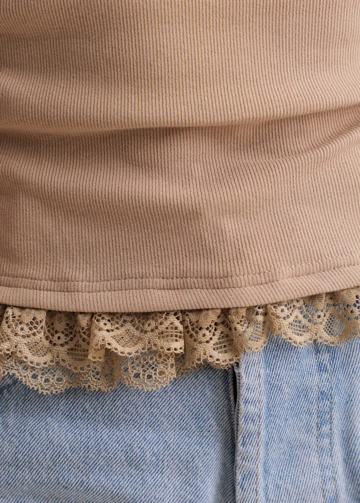 Calvina Top — detail of beige ribbed top with lace trim on model — MYFASHIONFRUIT