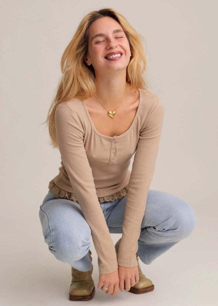 Calvina Top — Beige top with lace, on model — MYFASHIONFRUIT