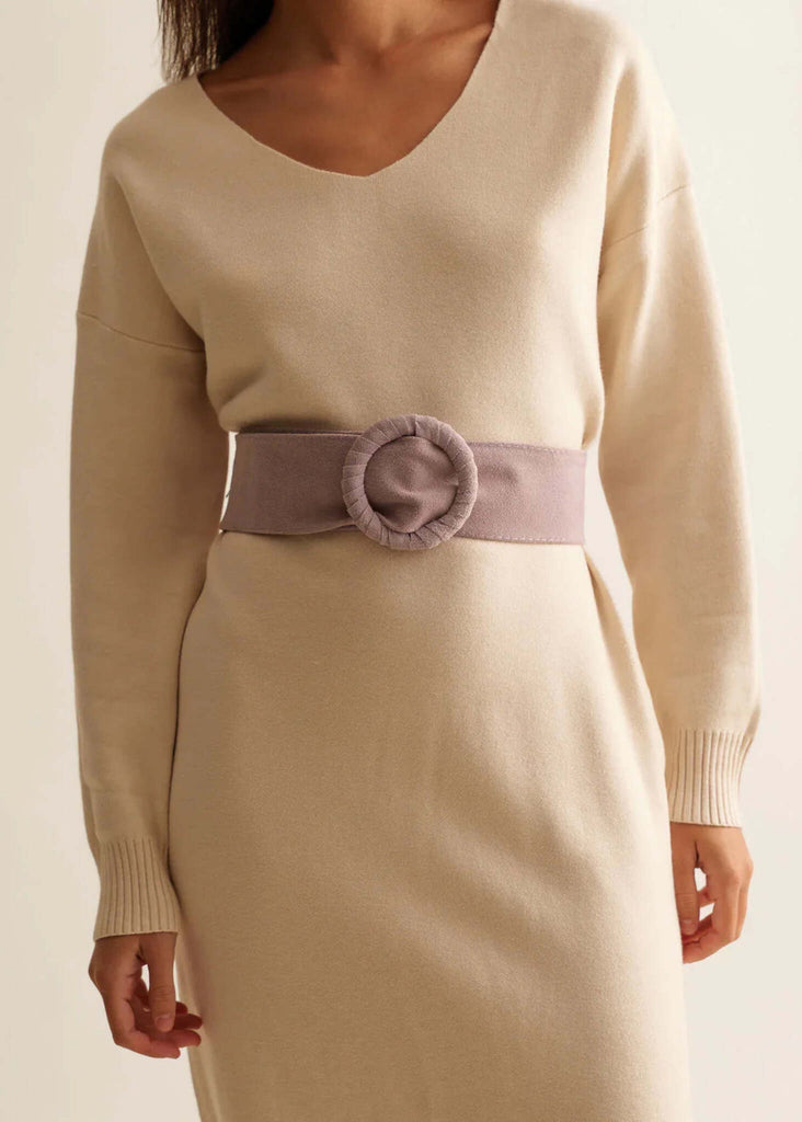 Ursula Belt — Lilac belt cinched on beige dress on model — MYFASHIONFRUIT