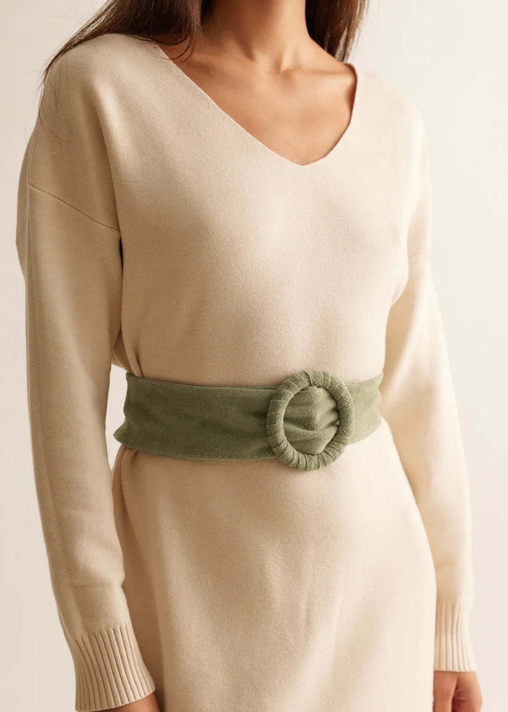 Ursula Belt — Sage belt with ring buckle, on model — MYFASHIONFRUIT