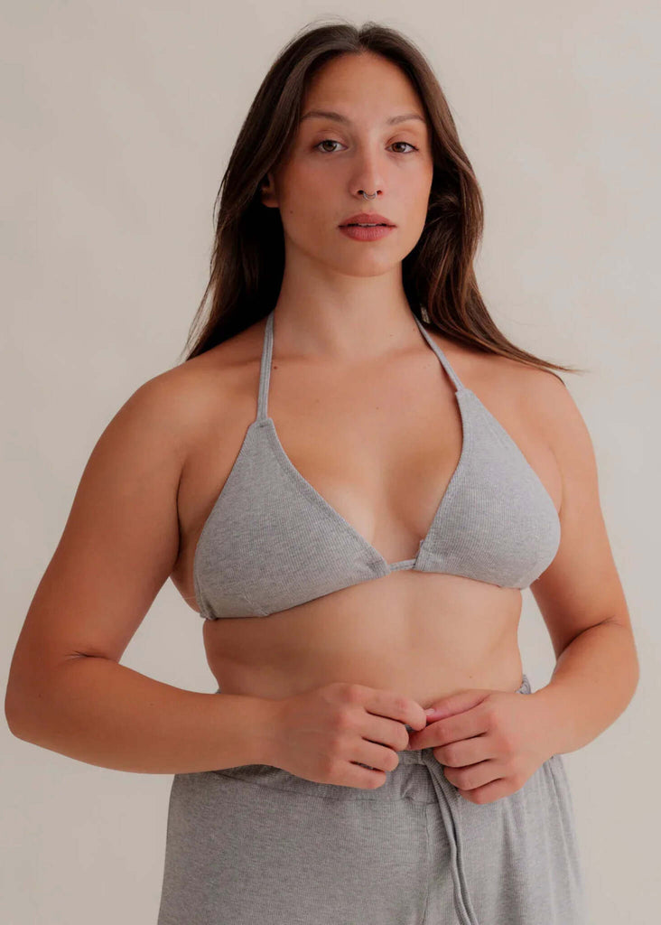 Ethereal Triangle Bra — Grey ribbed bra on model — MYFASHIONFRUIT