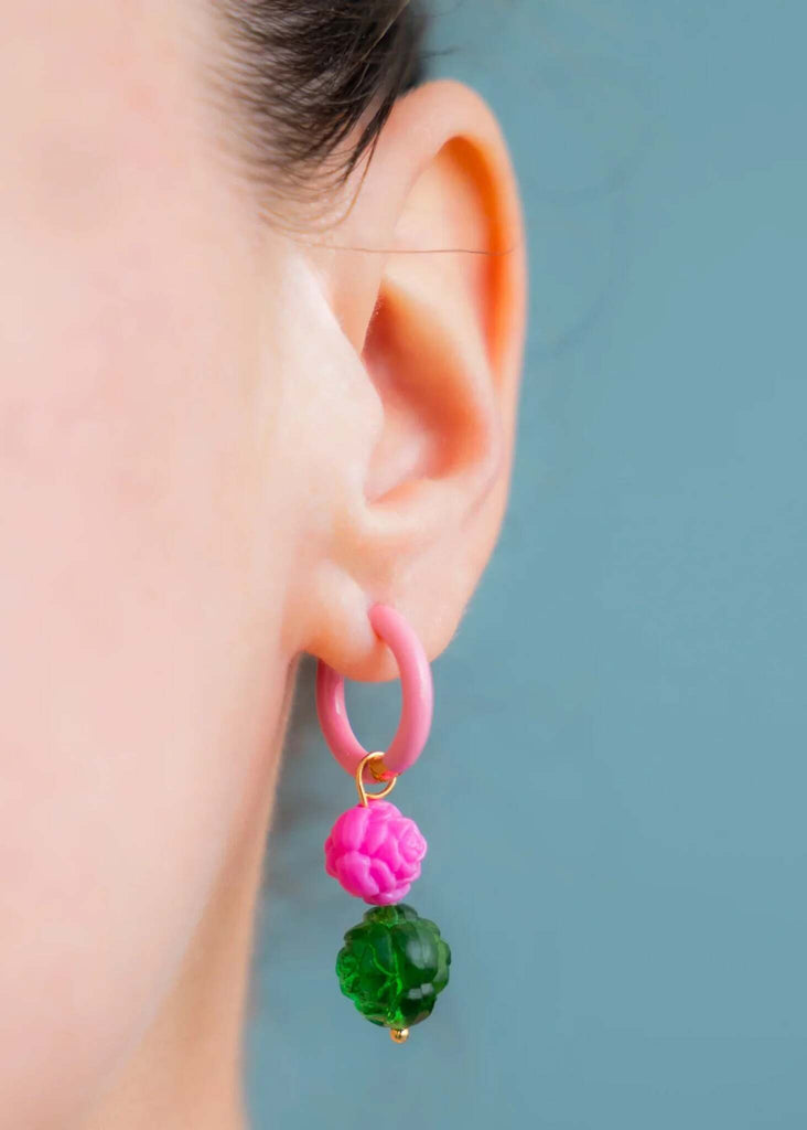 The Mood Hoops Candy — detail: pink, green beads on model — MYFASHIONFRUIT