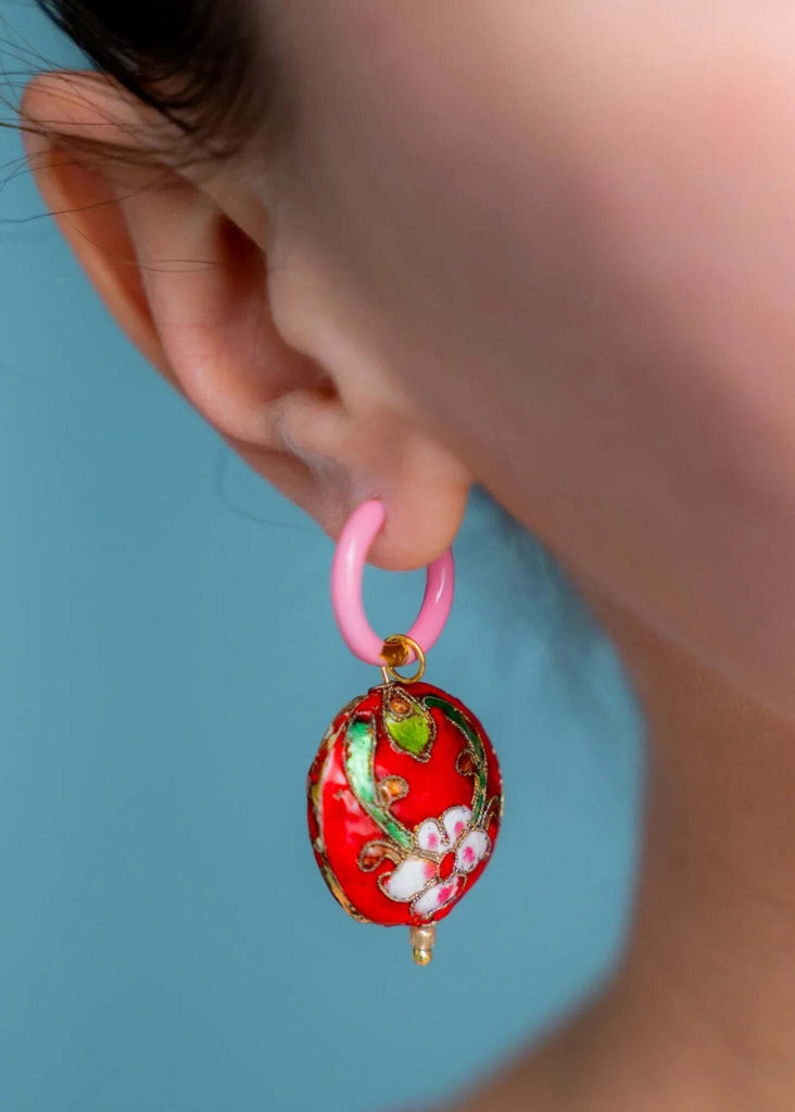 The Mood Hoops Candy — detail, pink hoop with red floral charm on model — MYFASHIONFRUIT