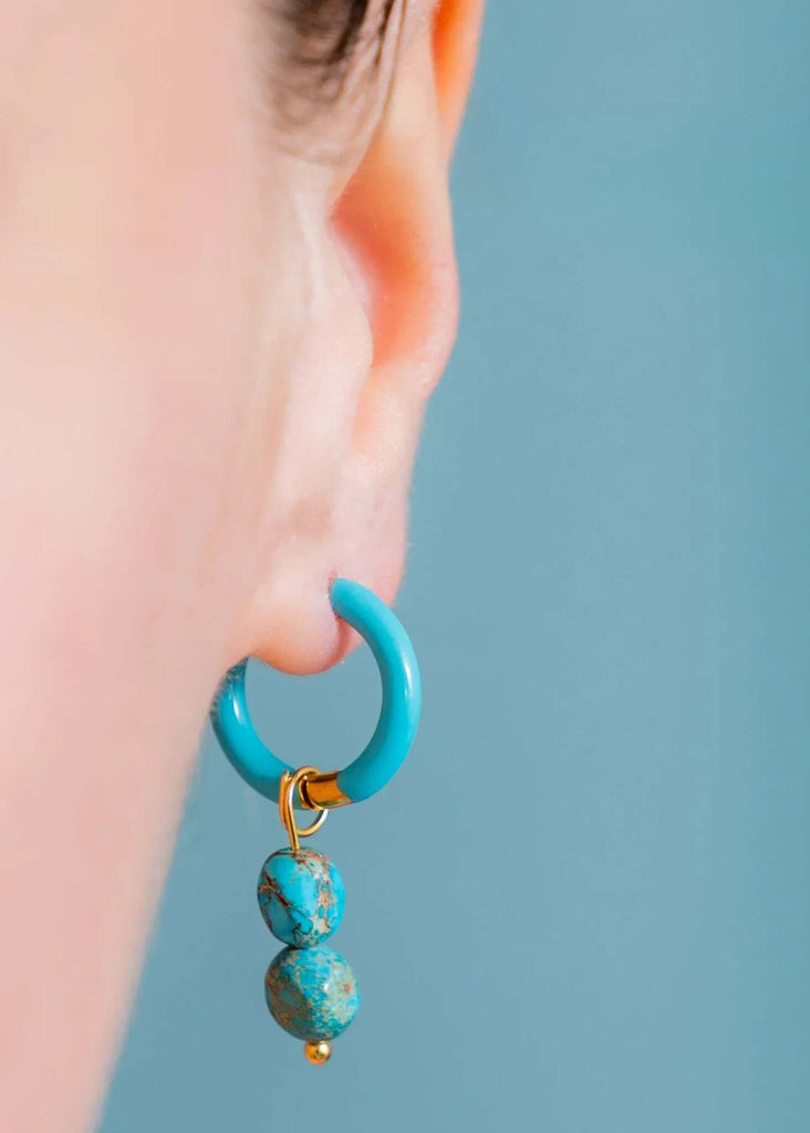 Set of Mood Charms - Sea Pebbles — Detail, turquoise hoop earrings on model — MYFASHIONFRUIT