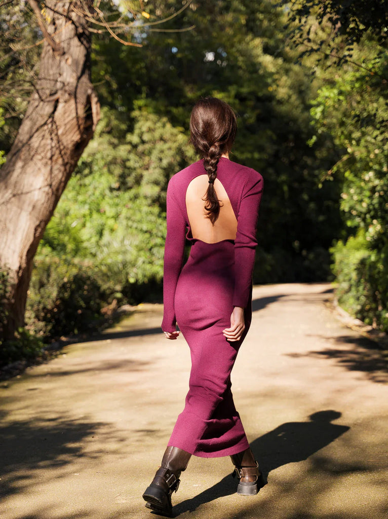 Mazzy Dress — Back view of model in magenta dress — MYFASHIONFRUIT