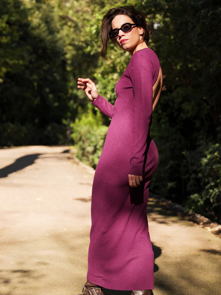 Mazzy Dress — Plum dress with open back on model — MYFASHIONFRUIT