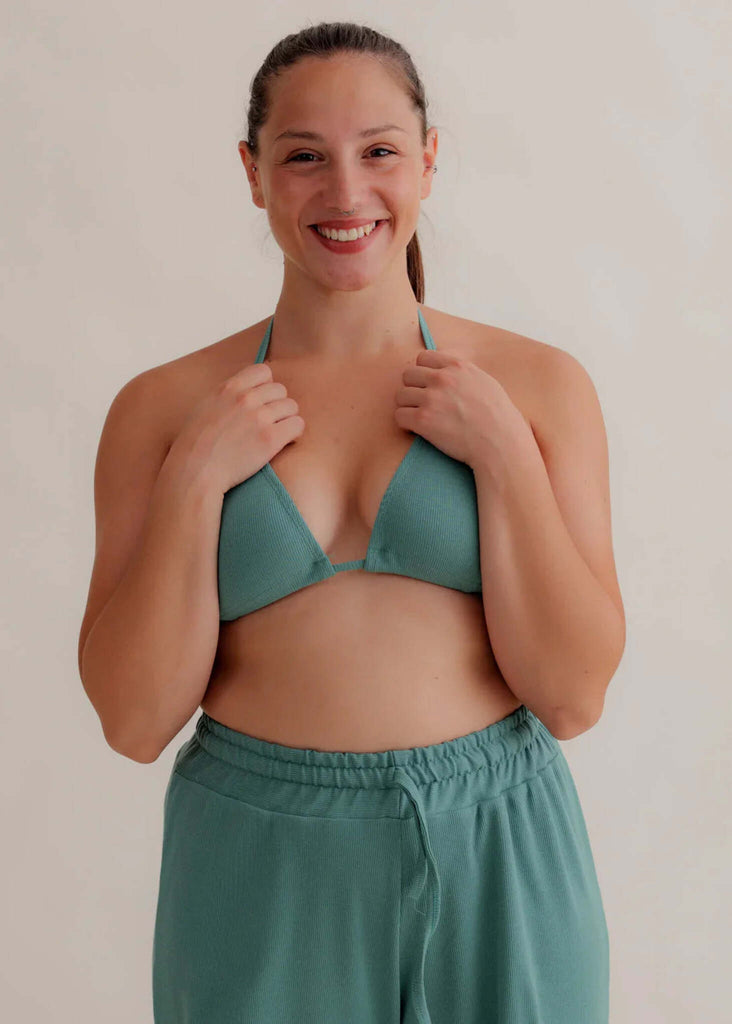 Ethereal Triangle Bra — Green bra and joggers on model — MYFASHIONFRUIT