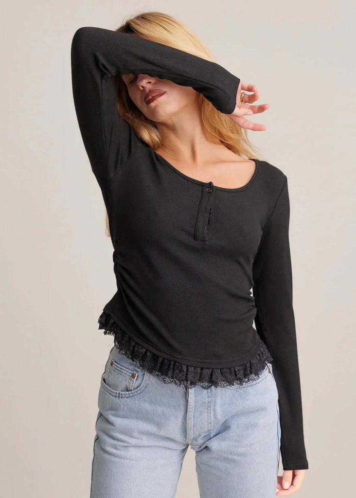 Calvina Top — Black lace trim top on model — MYFASHIONFRUIT