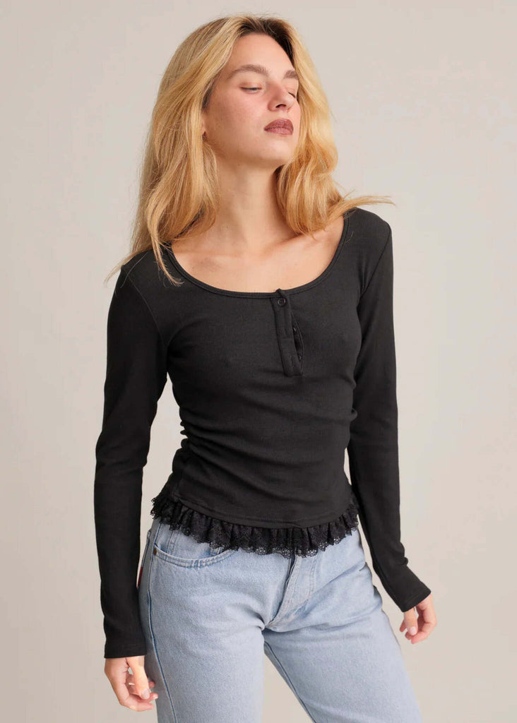 Calvina Top — Black button-up long sleeve with lace, on model — MYFASHIONFRUIT