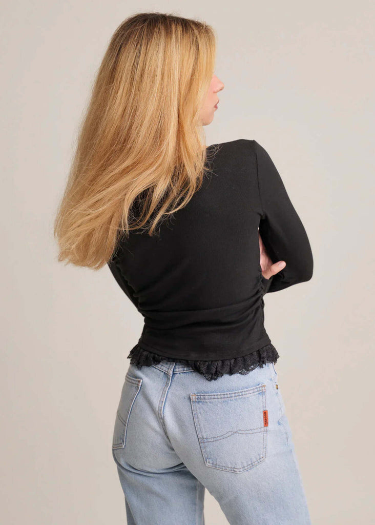 Calvina Top — Black top with lace on model — MYFASHIONFRUIT