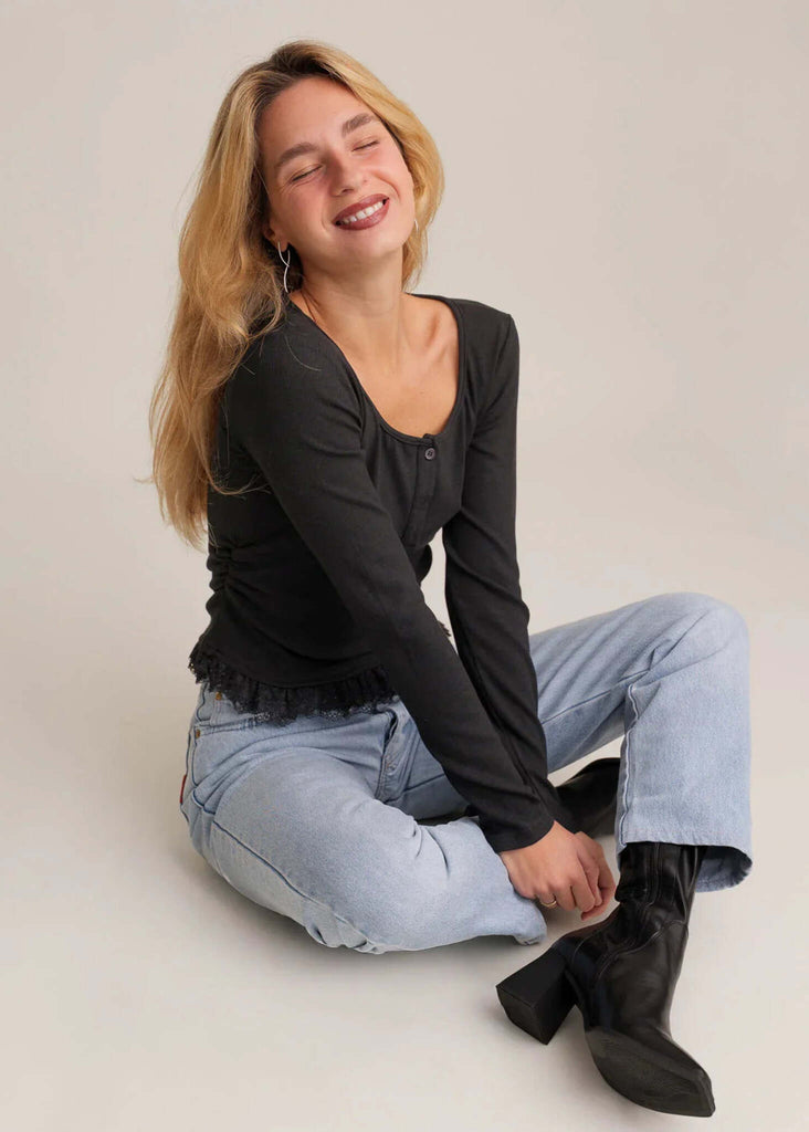 Calvina Top — Black top with lace, on model — MYFASHIONFRUIT