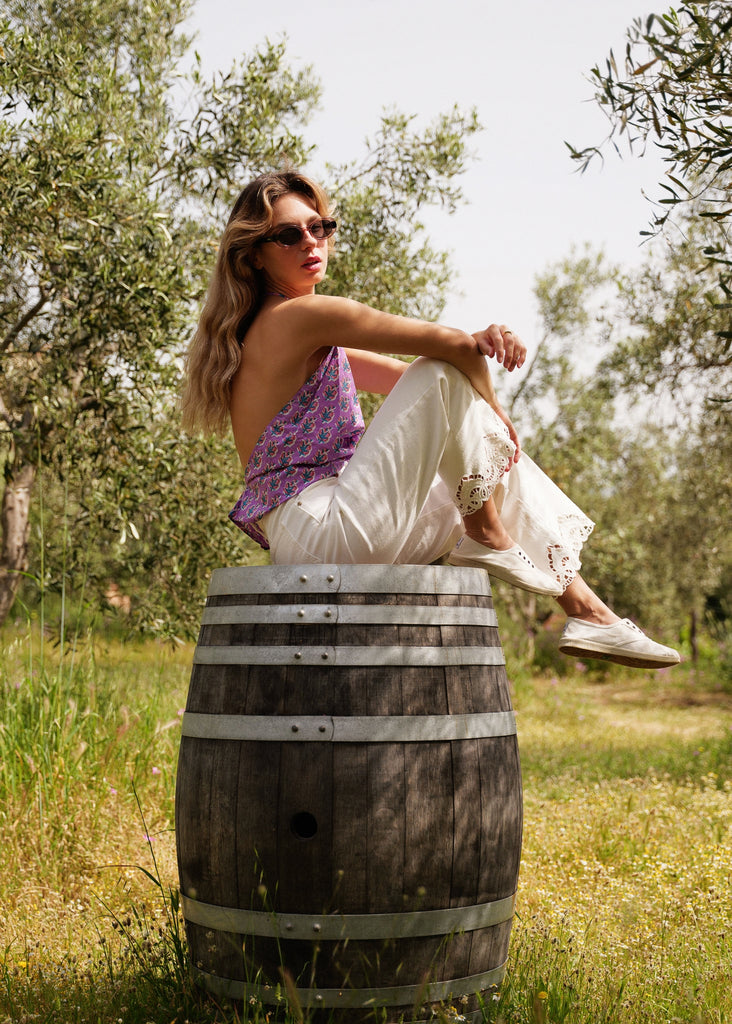 Sajani Top — Paisley top on model with white embroidered pants — MYFASHIONFRUIT