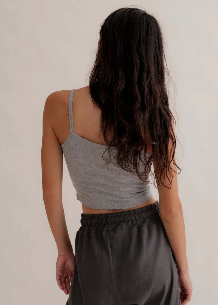 Calm Cami — Gray crop top on model, rear view — MYFASHIONFRUIT