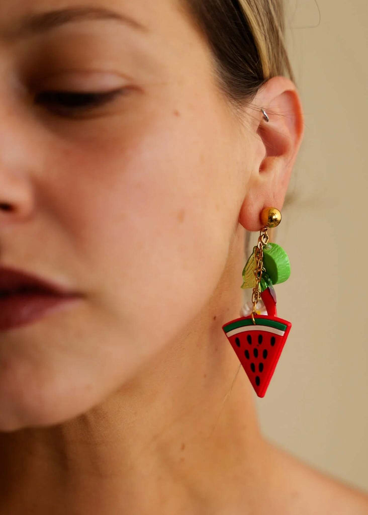 Watermelon Margarita Earrings — on model, detail of fruit earrings — MYFASHIONFRUIT
