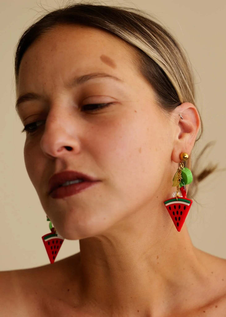 Watermelon Margarita Earrings — On model, watermelon earrings — MYFASHIONFRUIT