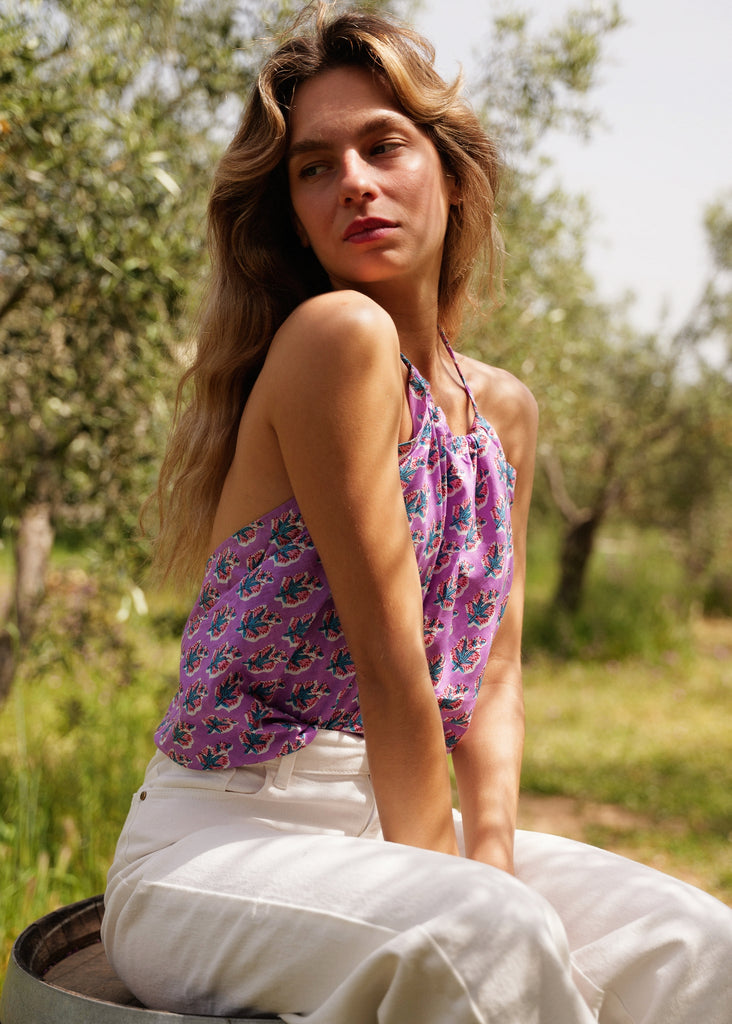 Sajani Top — Purple floral halter top on model — MYFASHIONFRUIT