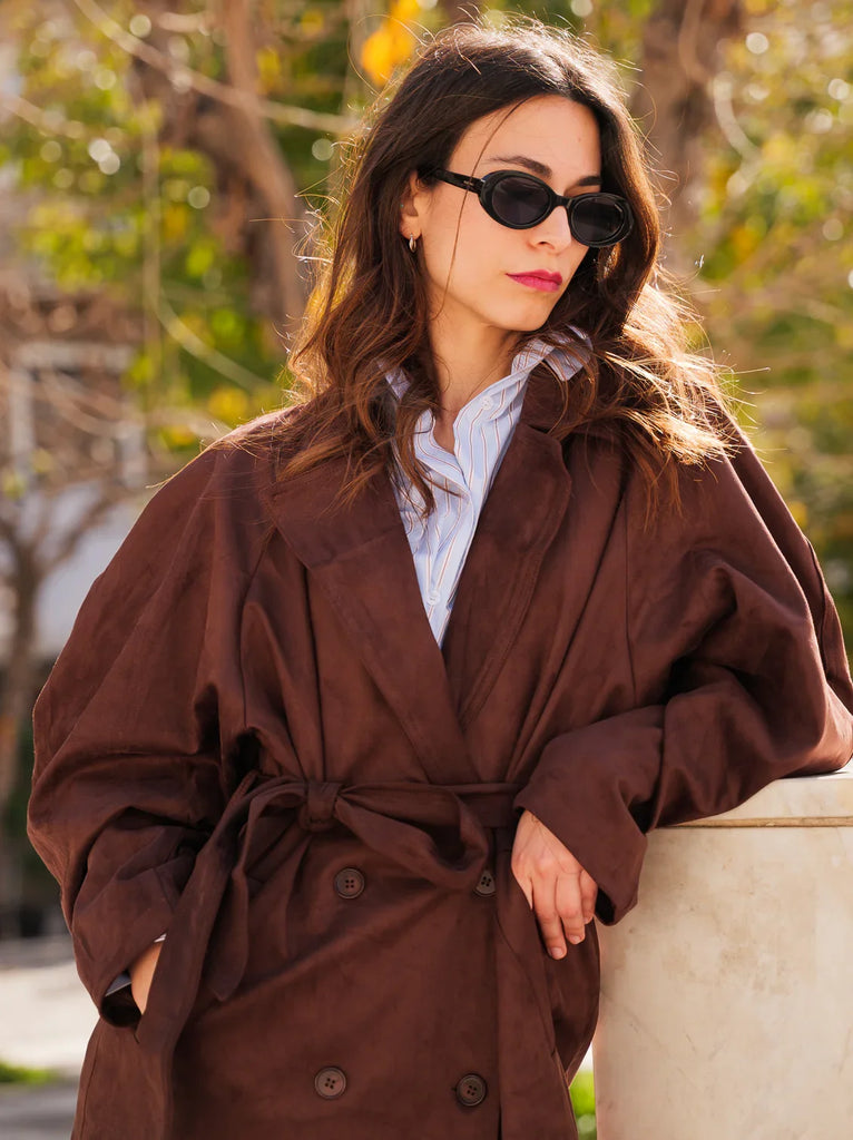 Andrea Trench Coat — Brown suede on model — MYFASHIONFRUIT