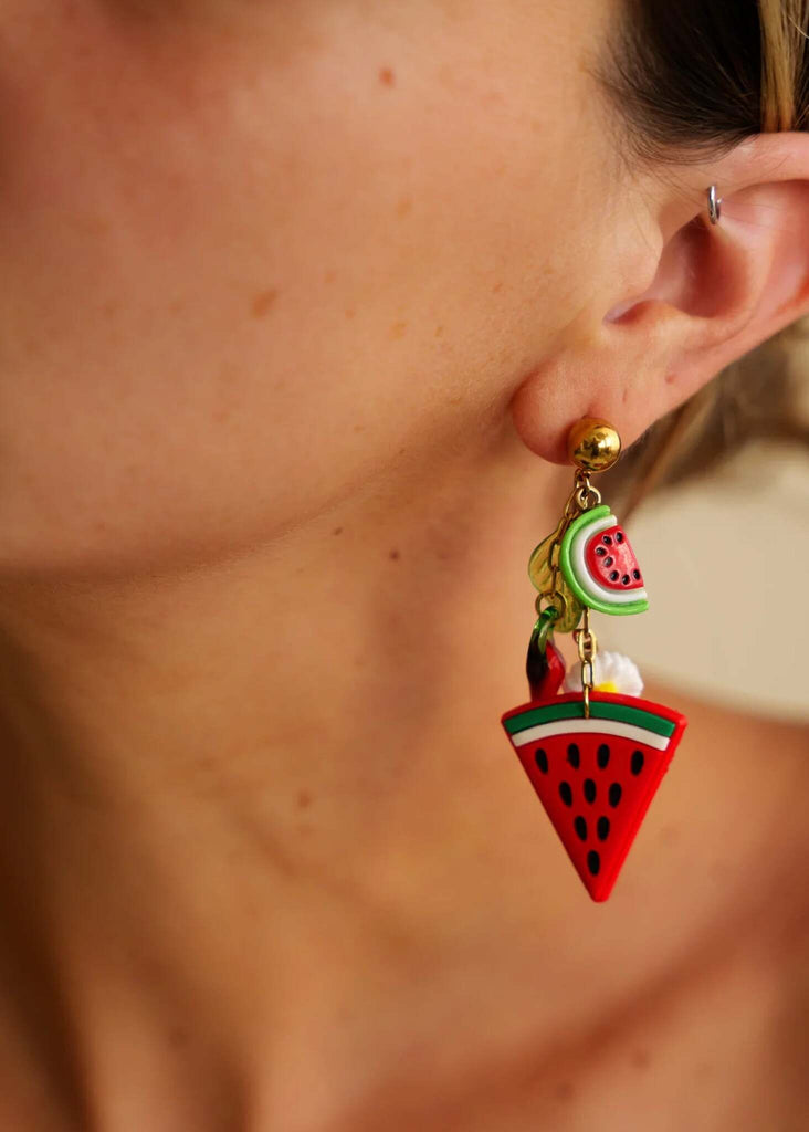 Watermelon Margarita Earrings — detail, watermelon charms on model — MYFASHIONFRUIT