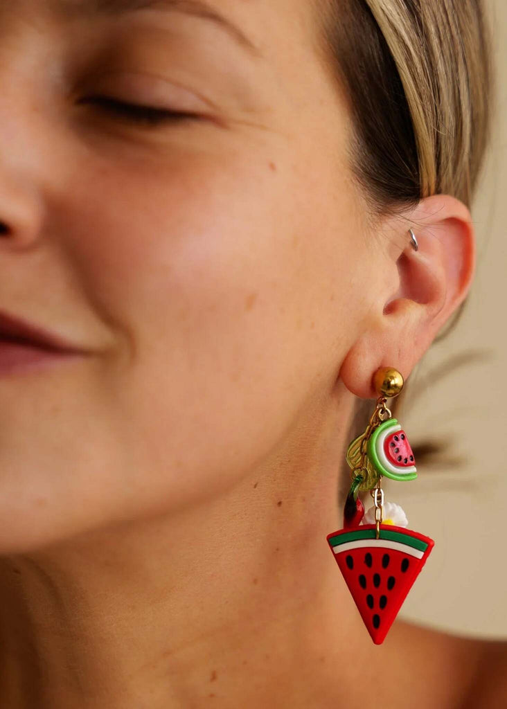 Watermelon Margarita Earrings — on model, detail of earring — MYFASHIONFRUIT