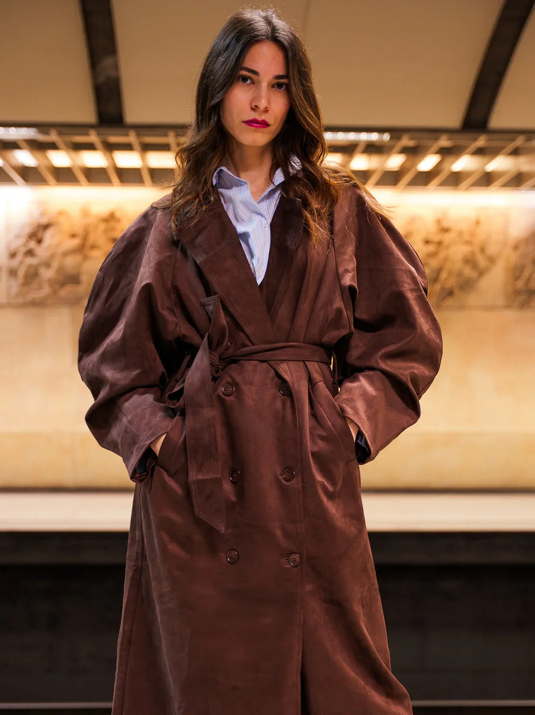 Andrea Trench Coat — Brown suede coat on model — MYFASHIONFRUIT