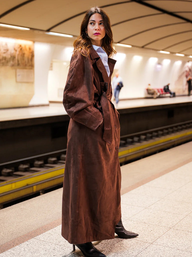 Andrea Trench Coat — Brown suede coat on model — MYFASHIONFRUIT