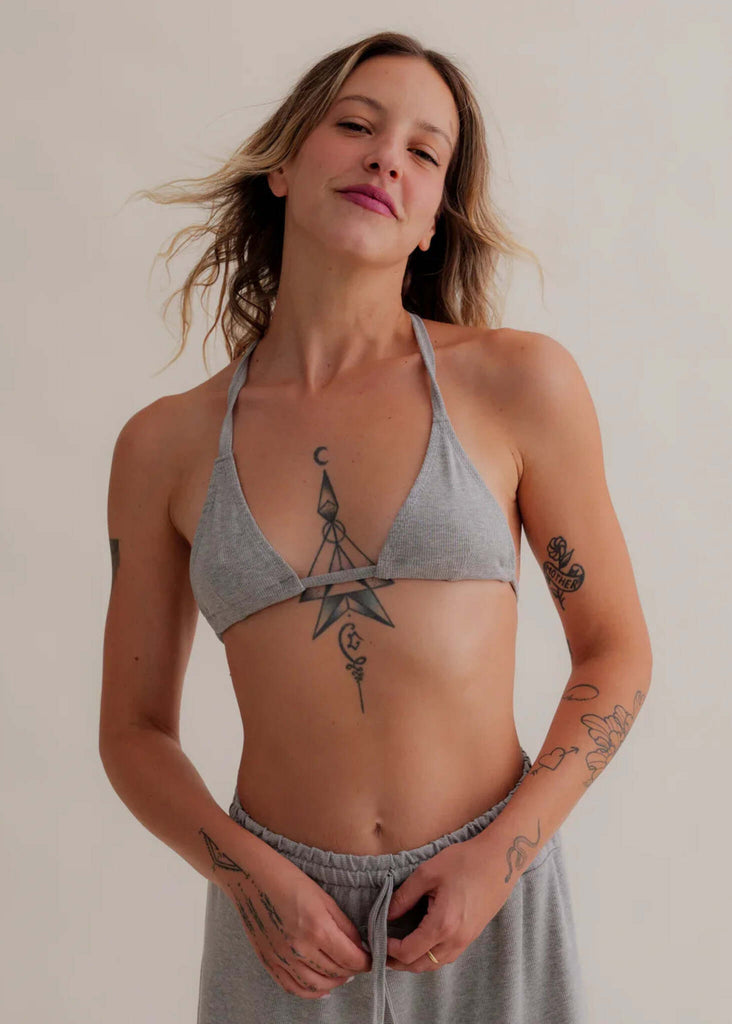 Ethereal Triangle Bra — Gray bra on model — MYFASHIONFRUIT