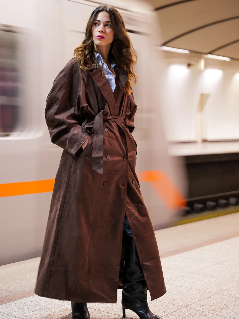 Andrea Trench Coat — Brown, on model — MYFASHIONFRUIT