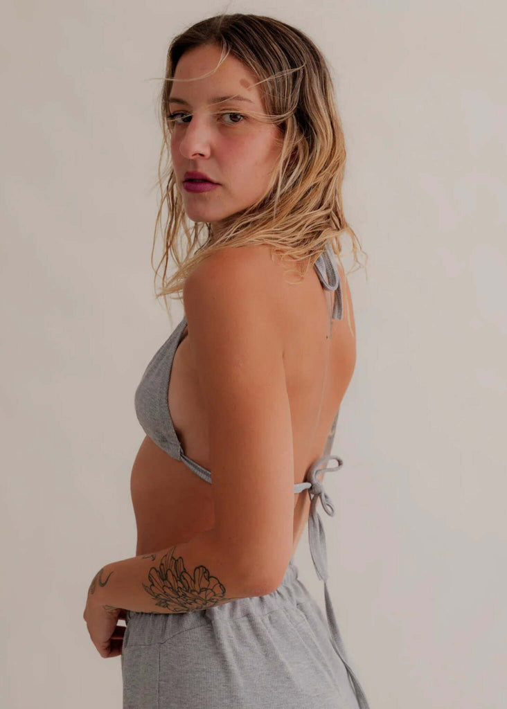 Ethereal Triangle Bra — Gray cotton on model, tie back — MYFASHIONFRUIT