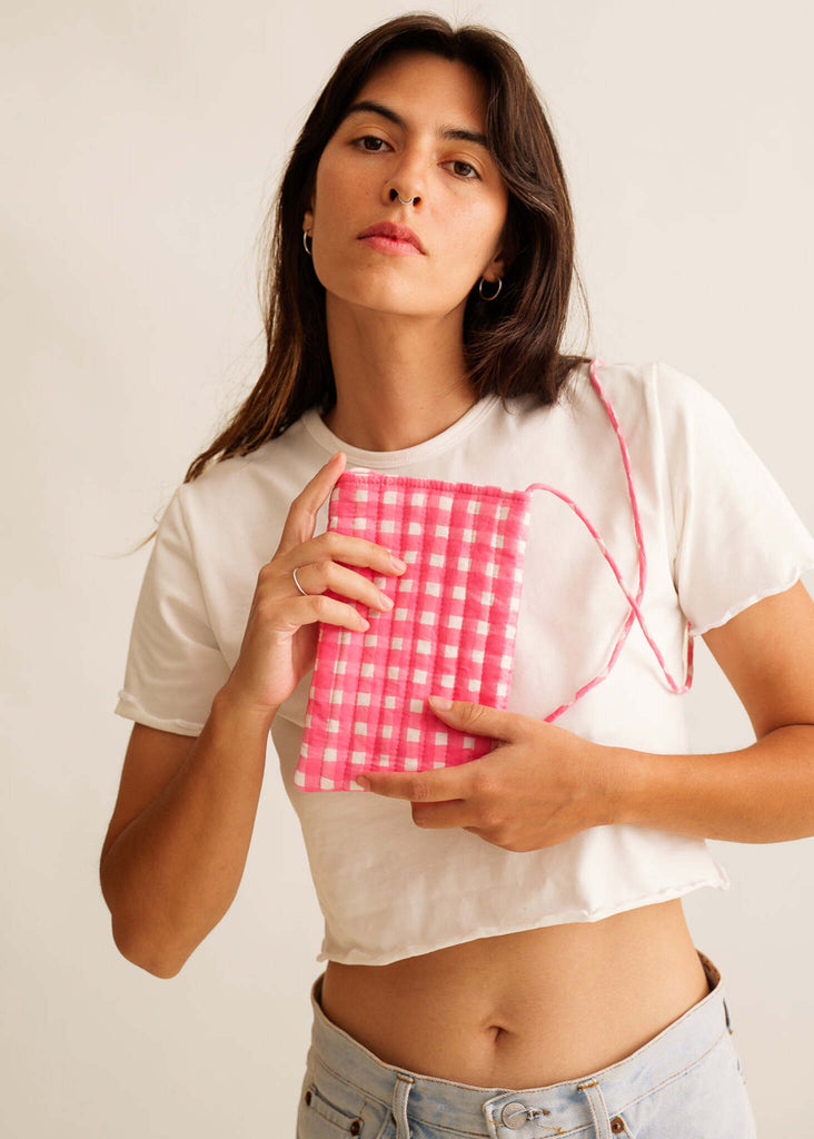 Annabelle Crossbody Phone Bag — pink gingham on model — MYFASHIONFRUIT