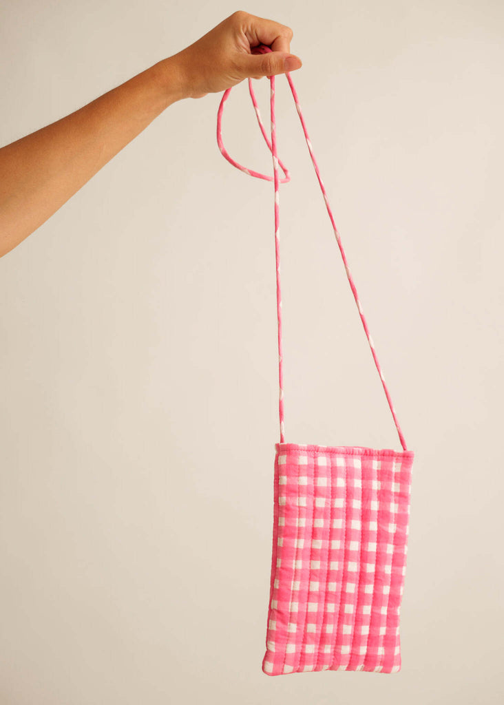 Annabelle Crossbody Phone Bag — pink gingham, held up — MYFASHIONFRUIT