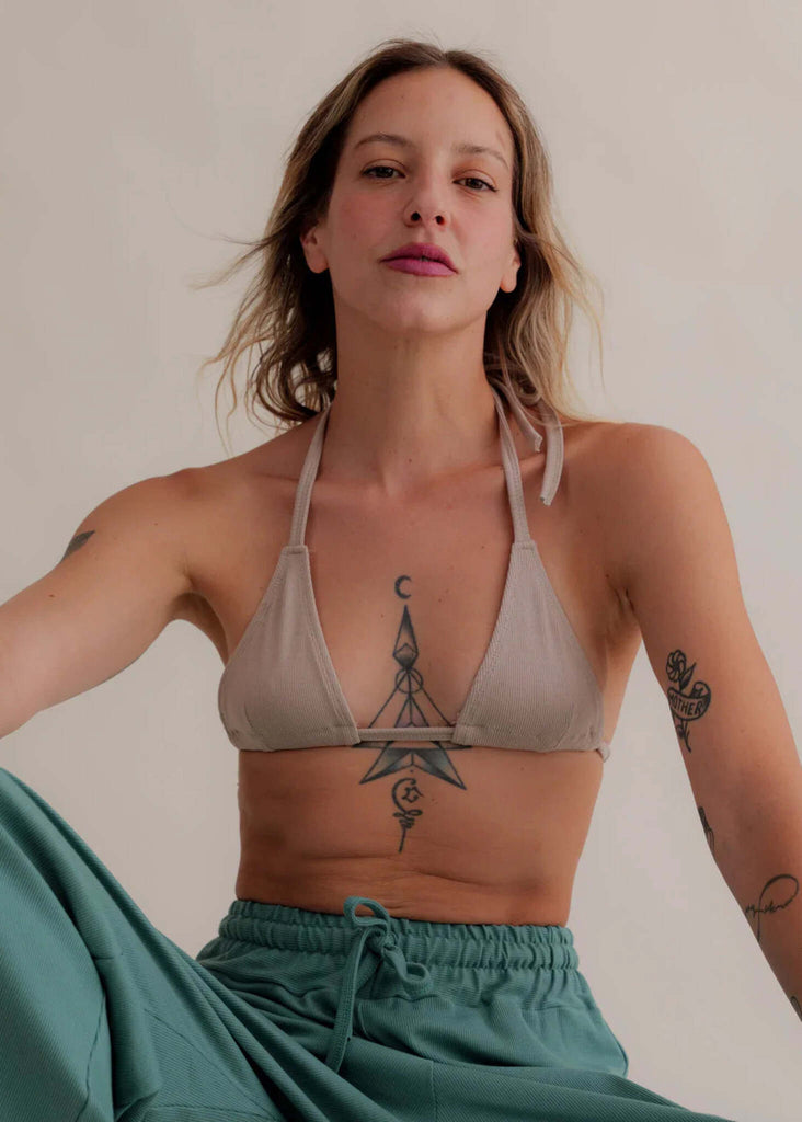 Ethereal Triangle Bra — Beige linen bra on model — MYFASHIONFRUIT