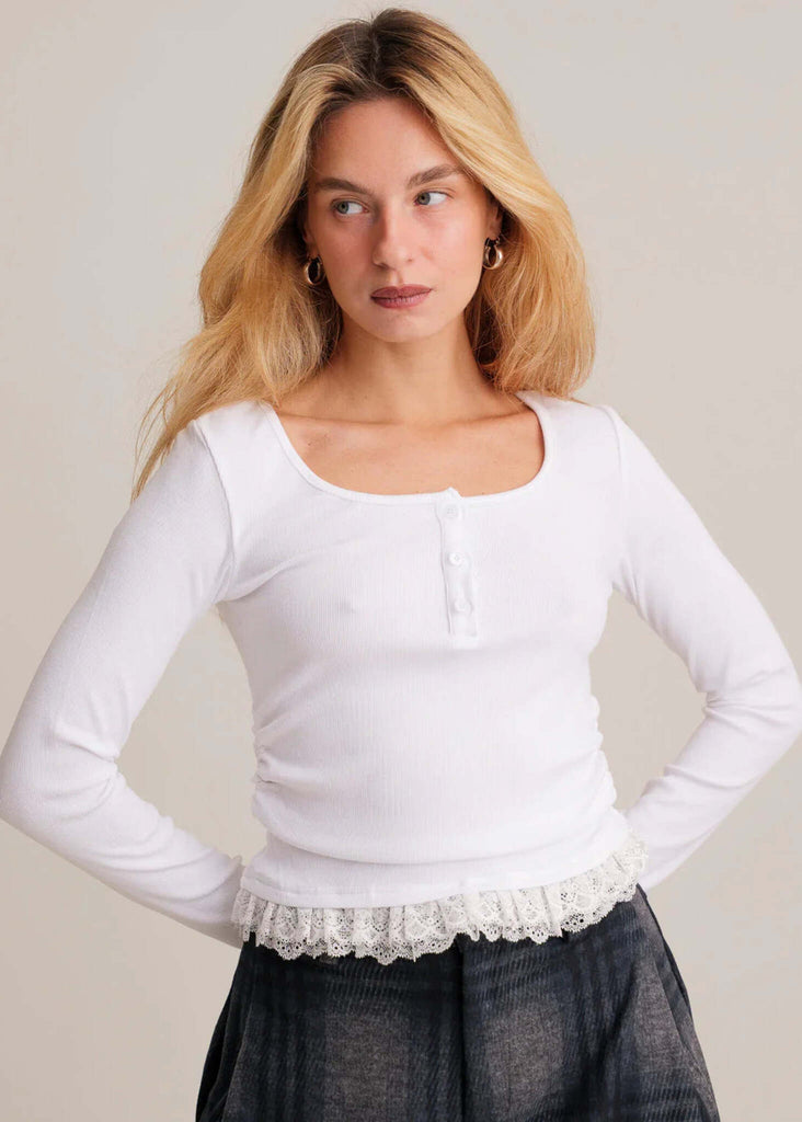 Calvina Top — White ribbed top with lace on model — MYFASHIONFRUIT