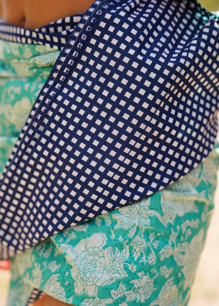 Naia Double-sided Skirt — detail, floral and checked print on model — MYFASHIONFRUIT