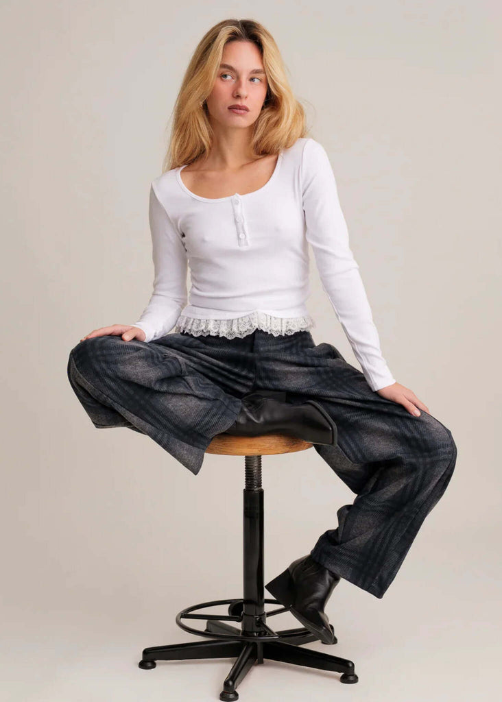 Calvina Top — white, long-sleeve, lace trim, on model — MYFASHIONFRUIT