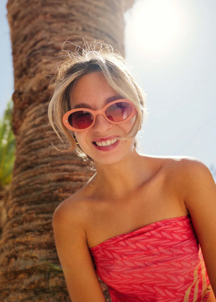 Komono ANA Velvet Coral Sunglasses — on model, coral frame — MYFASHIONFRUIT