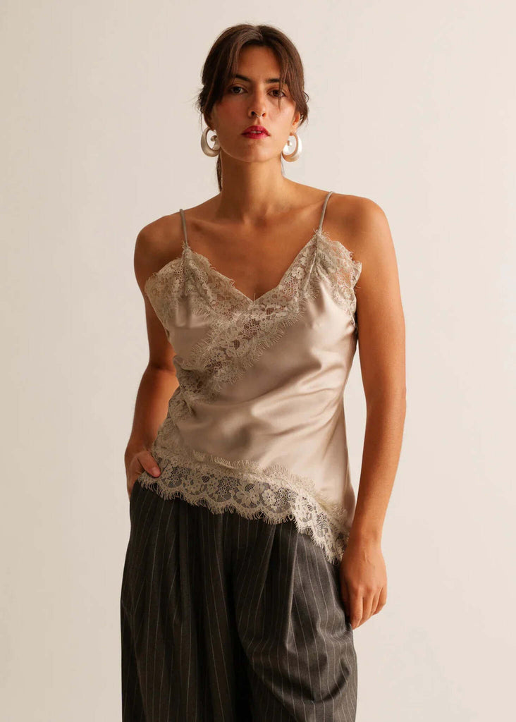 Zoey Top — Champagne silk tank with lace, on model — MYFASHIONFRUIT