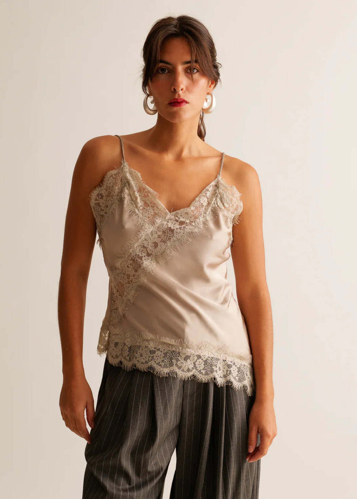 Zoey Top — Beige lace camisole on model — MYFASHIONFRUIT