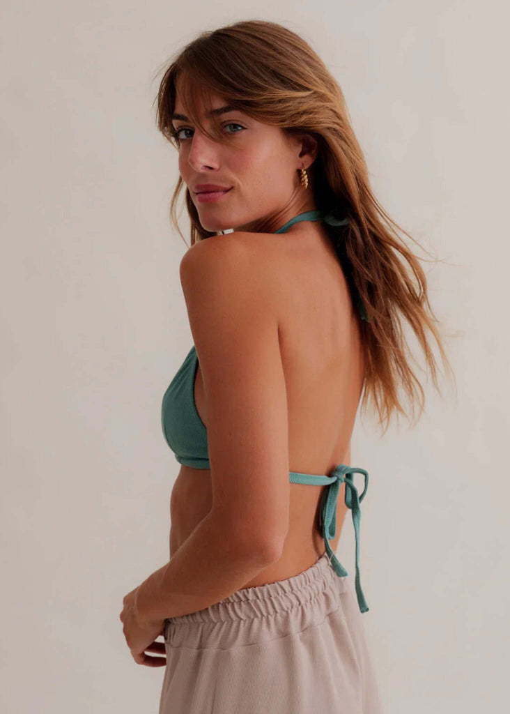 Ethereal Triangle Bra — Green bra on model, back view — MYFASHIONFRUIT