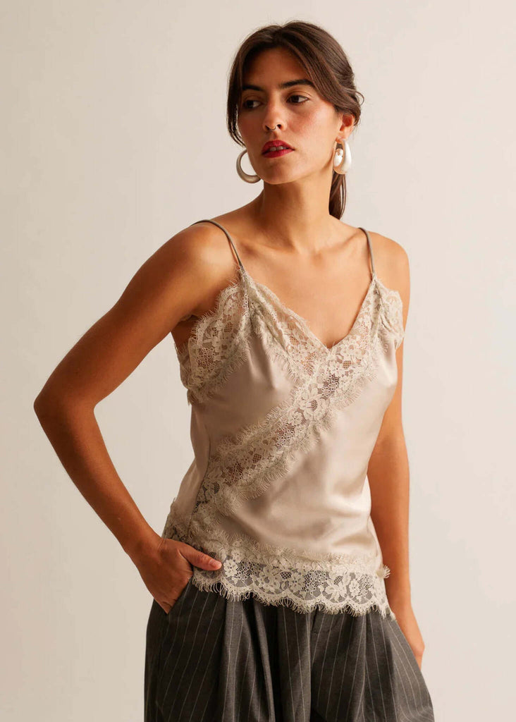 Zoey Top — silk lace camisole on model — MYFASHIONFRUIT
