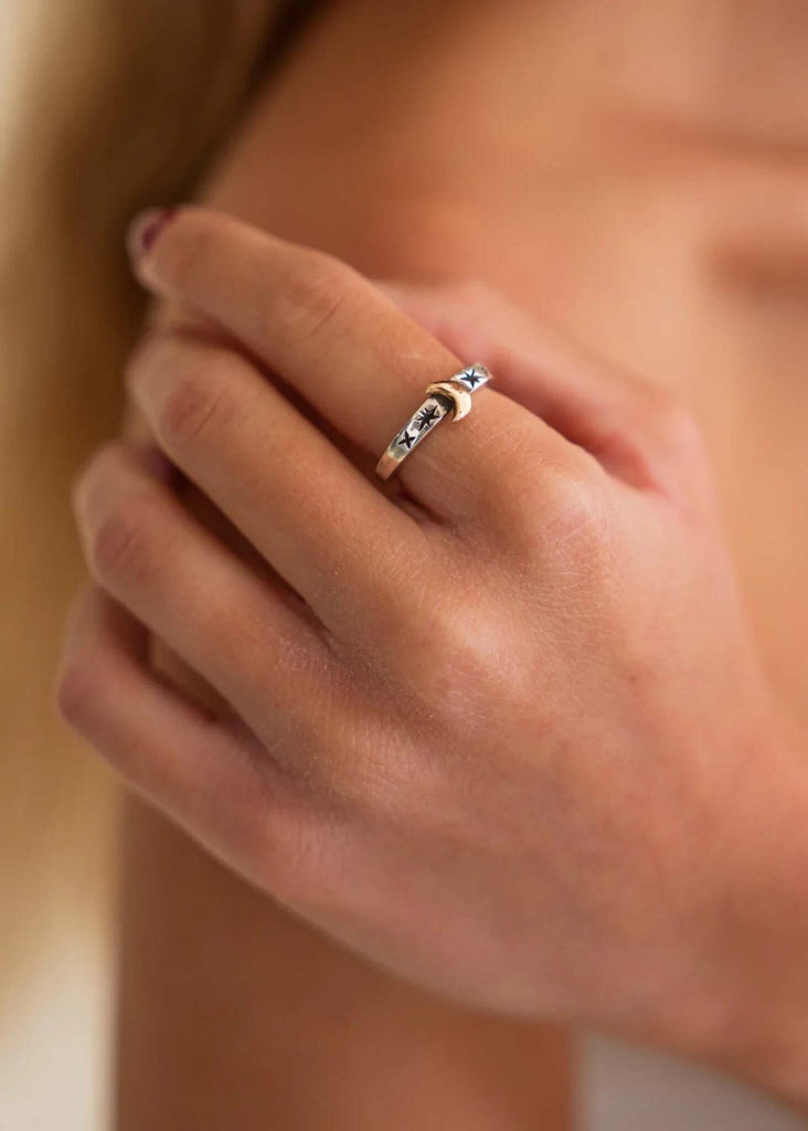 Nox Ring — Gold ring with sun and moon detail on model — MYFASHIONFRUIT