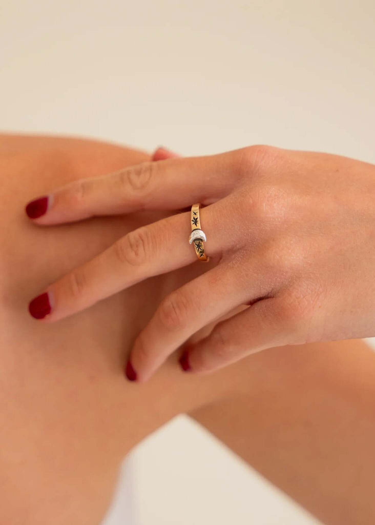 Nox Ring — Gold ring with a moon on model — MYFASHIONFRUIT