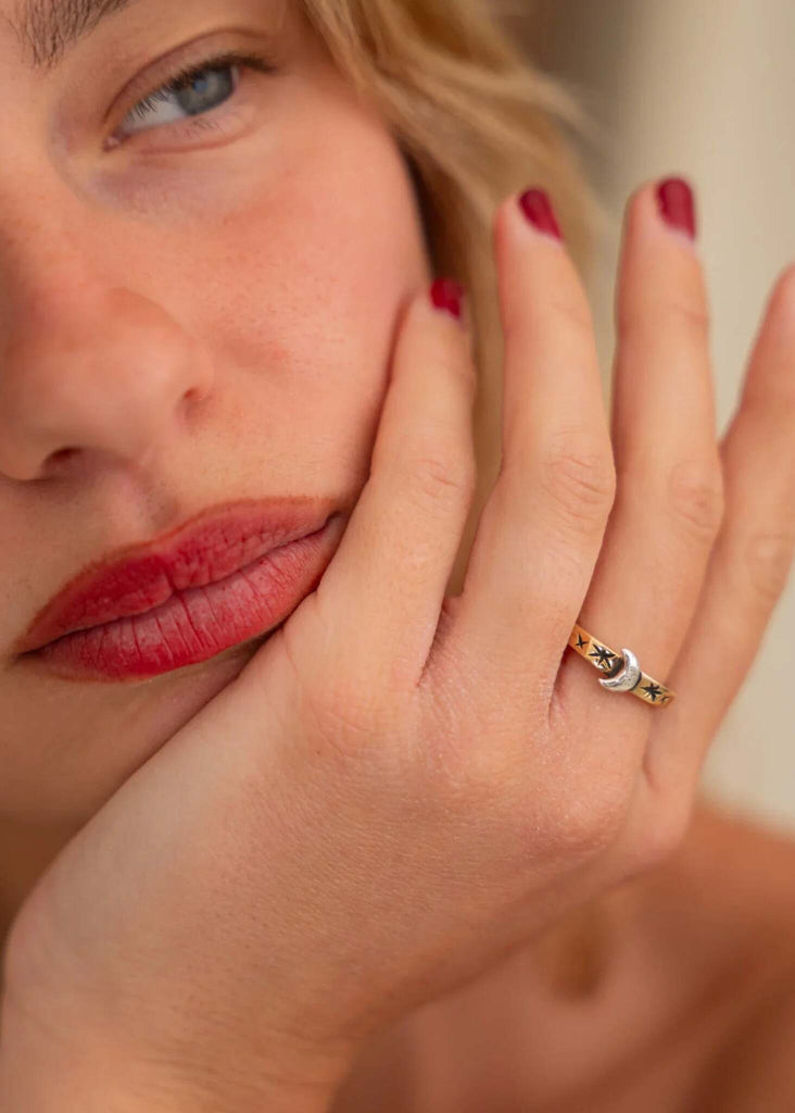 Nox Ring — Gold star and moon ring on model, detail — MYFASHIONFRUIT