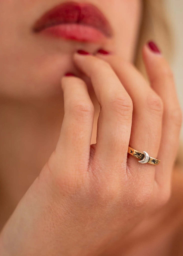 Nox Ring — Gold ring with crescent moon on model — MYFASHIONFRUIT