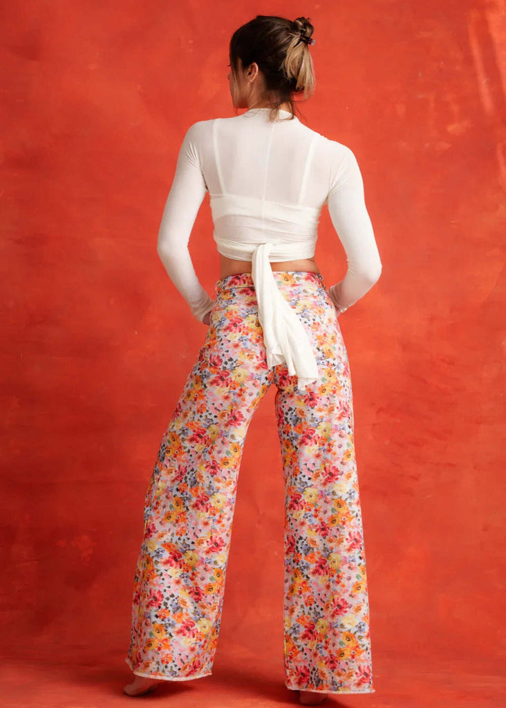 Pua Jeans — Floral wide leg pants on model, back view — MYFASHIONFRUIT