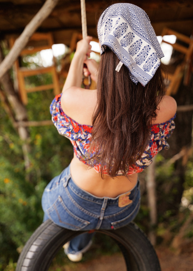 Lalita Top — Floral crop top and headscarf on model from back — MYFASHIONFRUIT