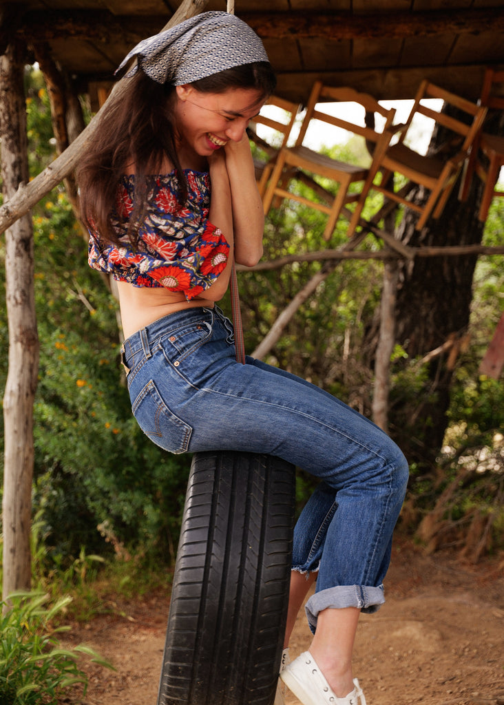 Lalita Top — On model, blue and red print crop top — MYFASHIONFRUIT